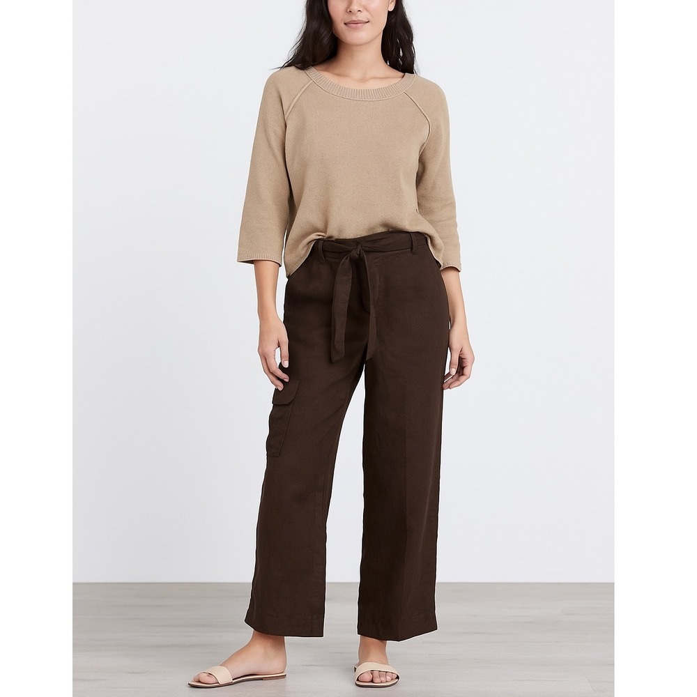 Liz Claiborne Women Brown Linen Blend Cargo Cropped Pants Tie‎ Waist Size 4